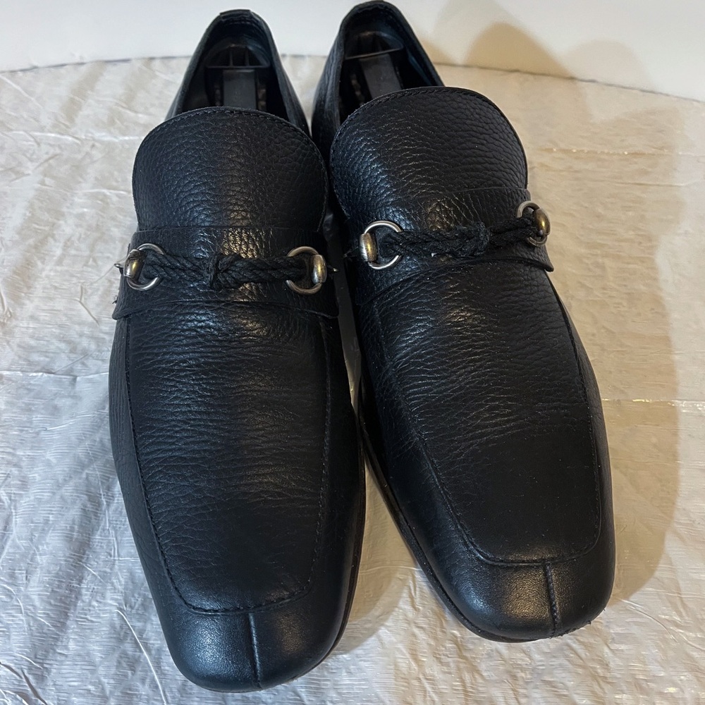 Gucci Nautical Rope Horsebit Loafers Black Silver 8.5 9 9.5 Pebble Grain Italy
